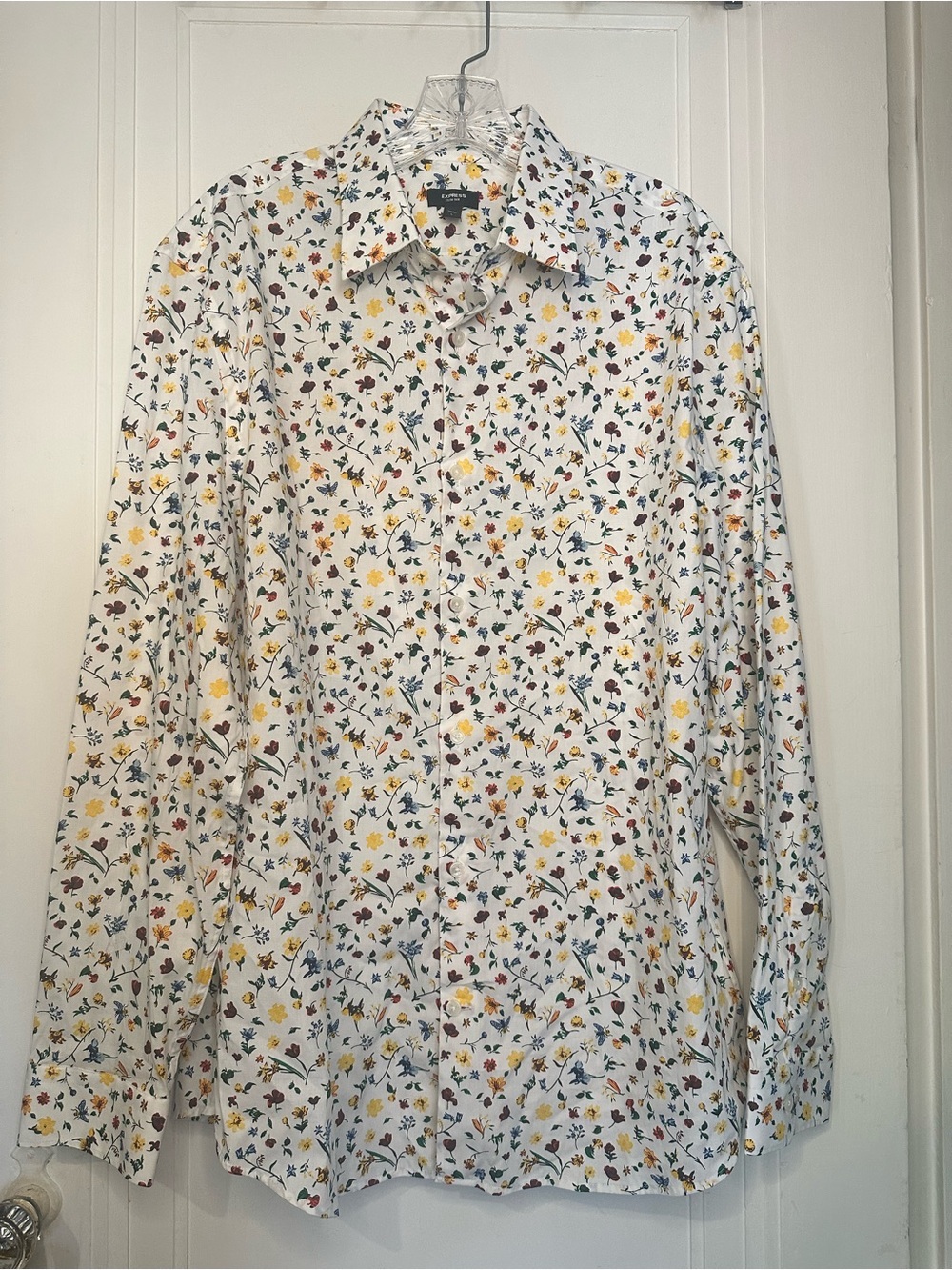 Express White Button-Down Shirt with Multicolor Floral and Bee Print